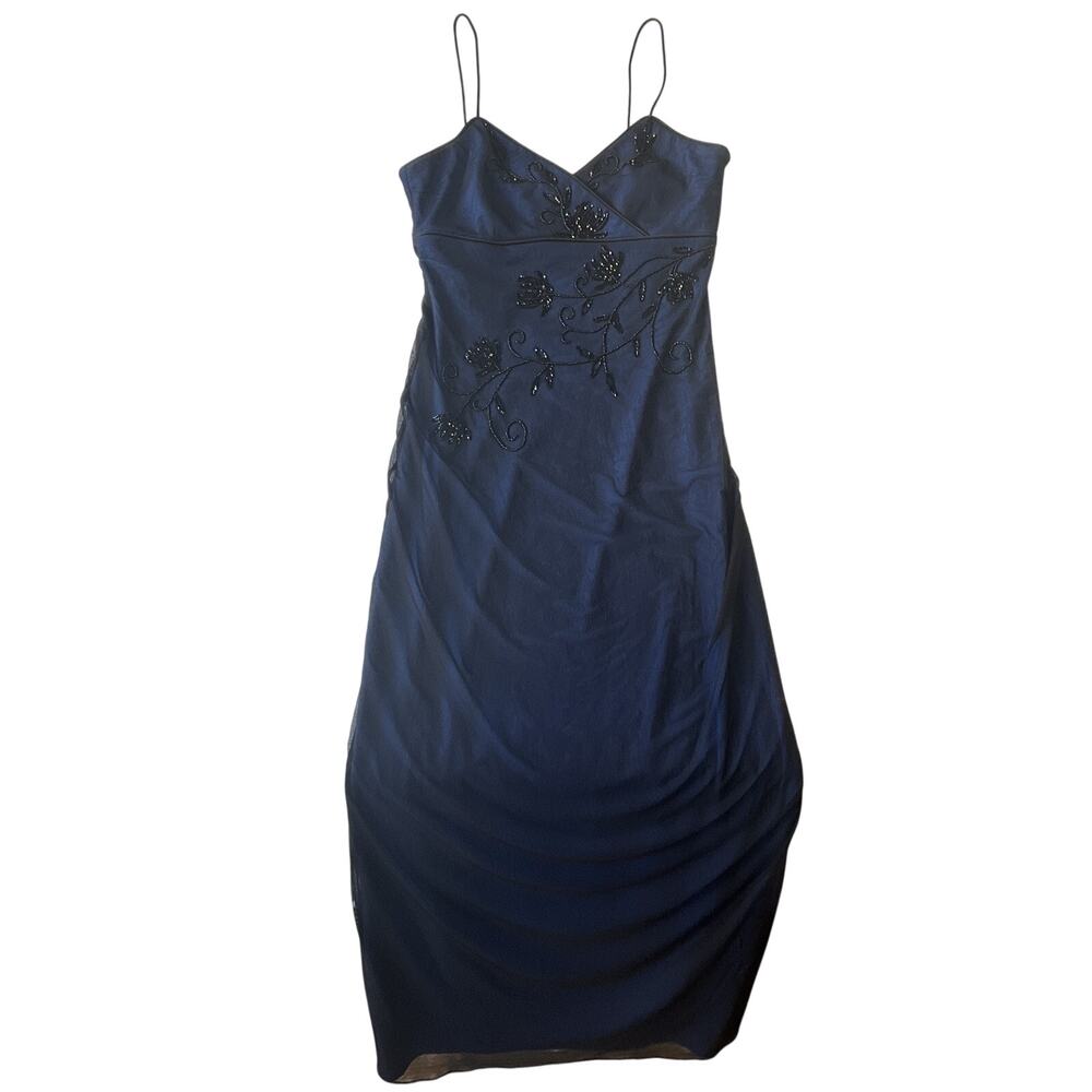 Rimini Women Long Dress 2P Navy (lining) Acetate Nylon Floral Embroidery Slip